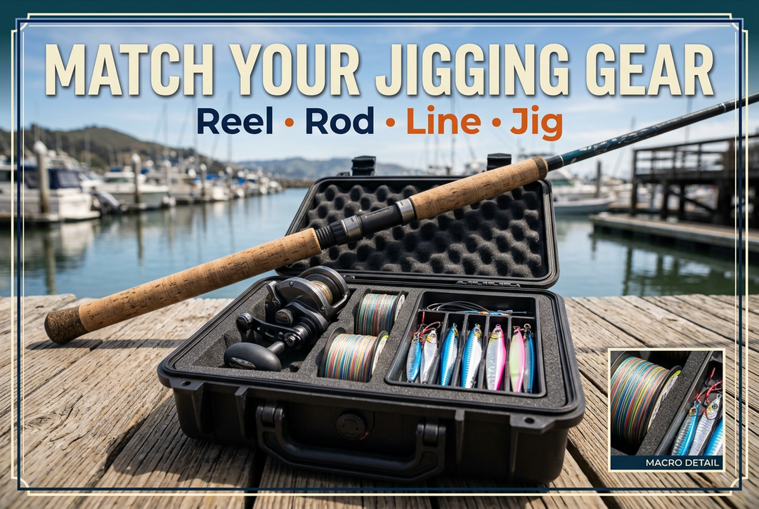 Jigging gear pairing guide with a rod, conventional reel, line spools and metal jigs organised in a travel case on a marina dock.