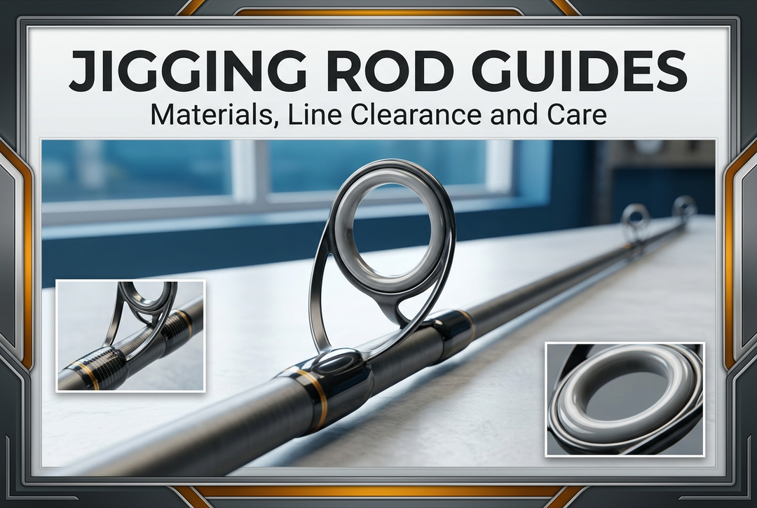 Jigging rod guide materials and care cover showing a close-up guide ring, supporting frame and wrap details on a workshop bench.