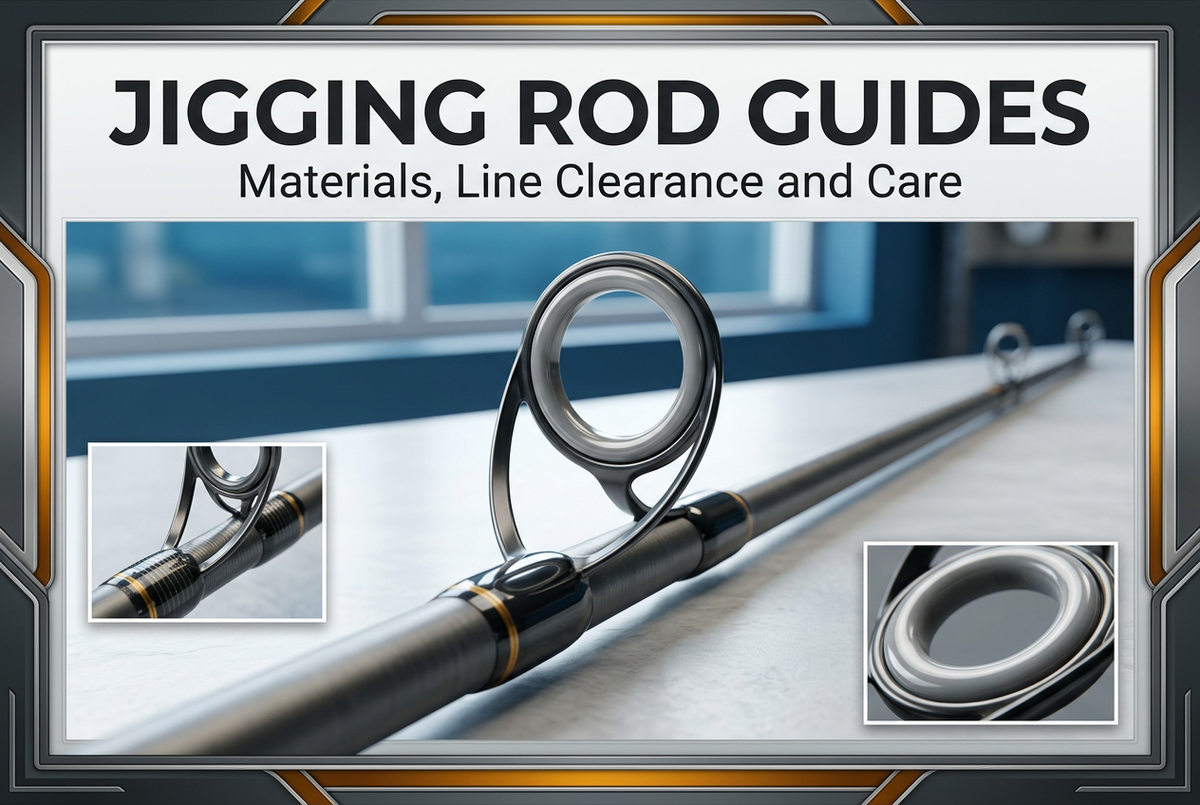 Jigging rod guide materials and care cover showing a close-up guide ring, supporting frame and wrap details on a workshop bench.