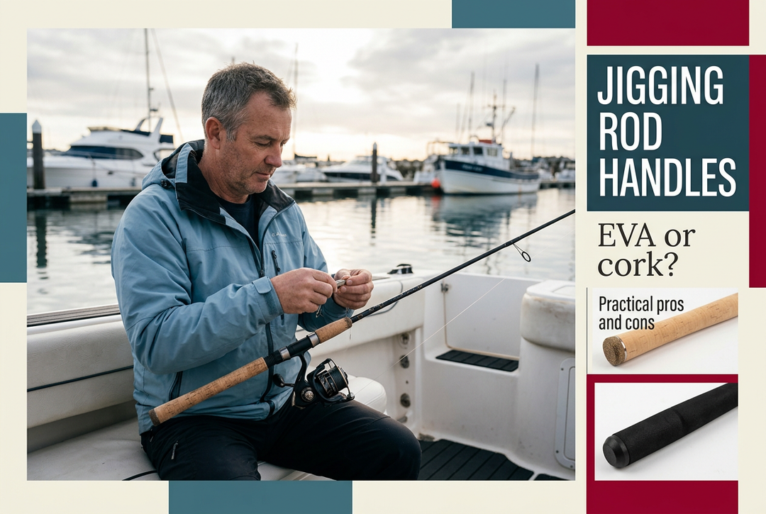 Jigging Rod Handles editorial cover showing an angler preparing a rod in a marina boat cockpit, with separate cork and black EVA grip photographs.