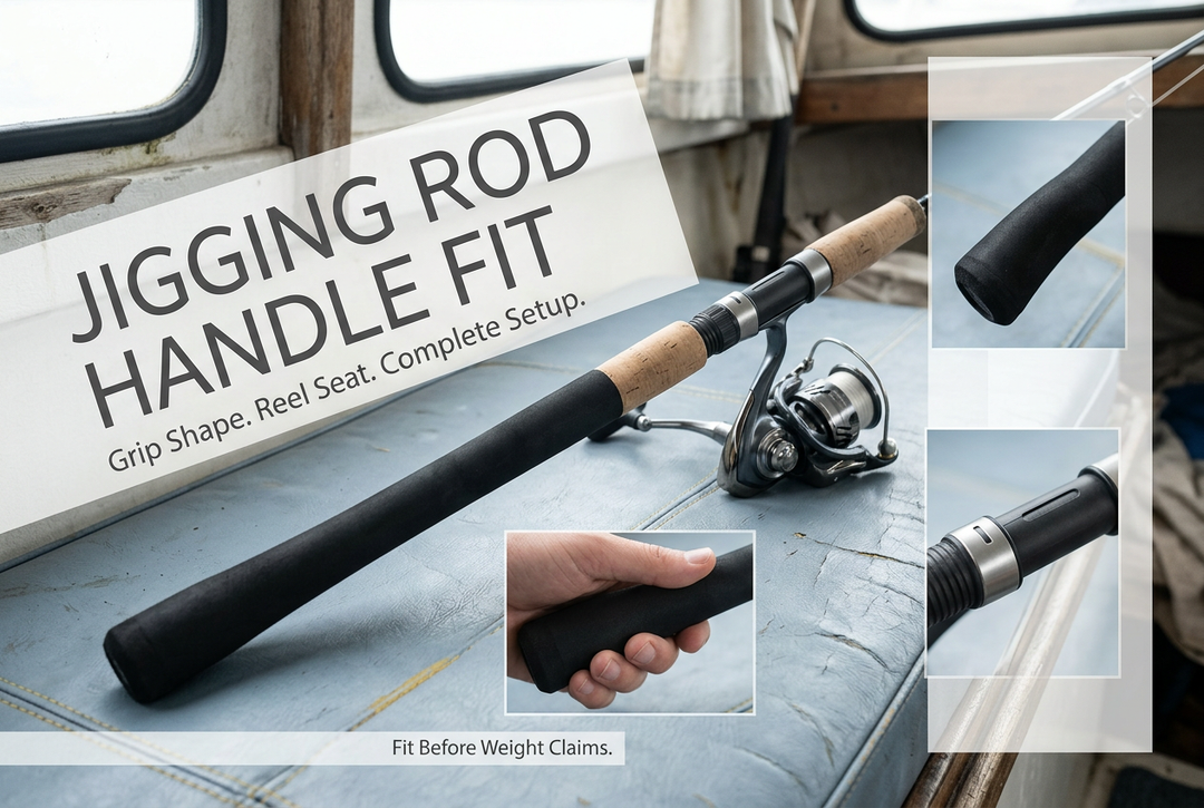 Fishing rod grip and mounted spinning reel on a blue boat cushion, with grip and locking-hood insets beneath Jigging Rod Handle Fit.