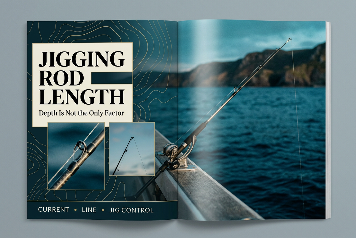 Jigging rod length guide showing a rod over a boat rail with rod-tip and guide close-ups beside the sea.