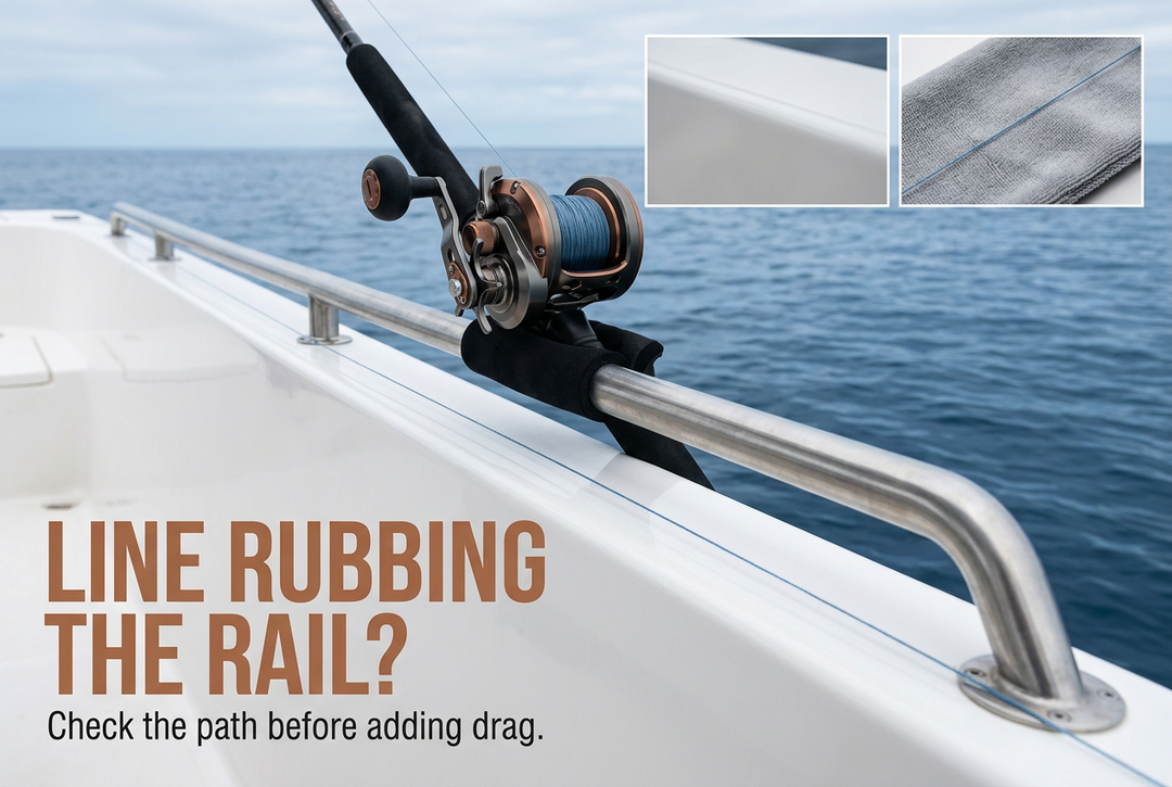 Conventional jigging reel and casting rod beside a boat rail, with boat-edge and line-detail insets and the headline Line Rubbing the Rail?