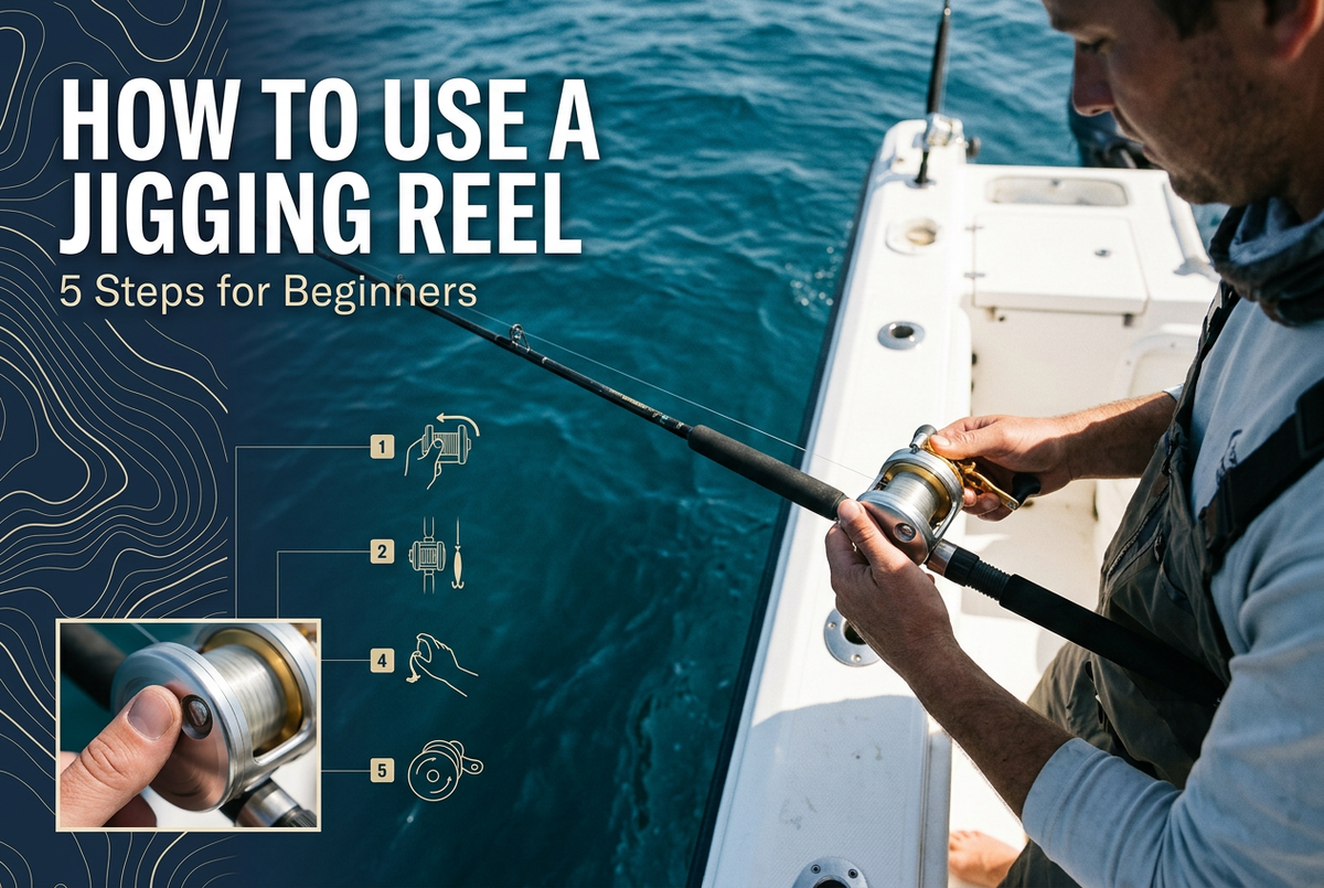 How to use a jigging reel: five steps for beginners, illustrated by an angler holding a conventional reel on an offshore boat.