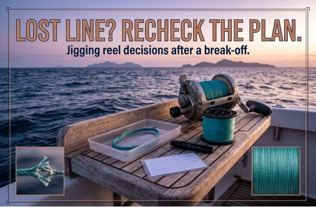 Photographic-style dawn boat scene with a conventional jigging reel, braid supply spool, contained line offcut and the headline Lost Line? Recheck the Plan.