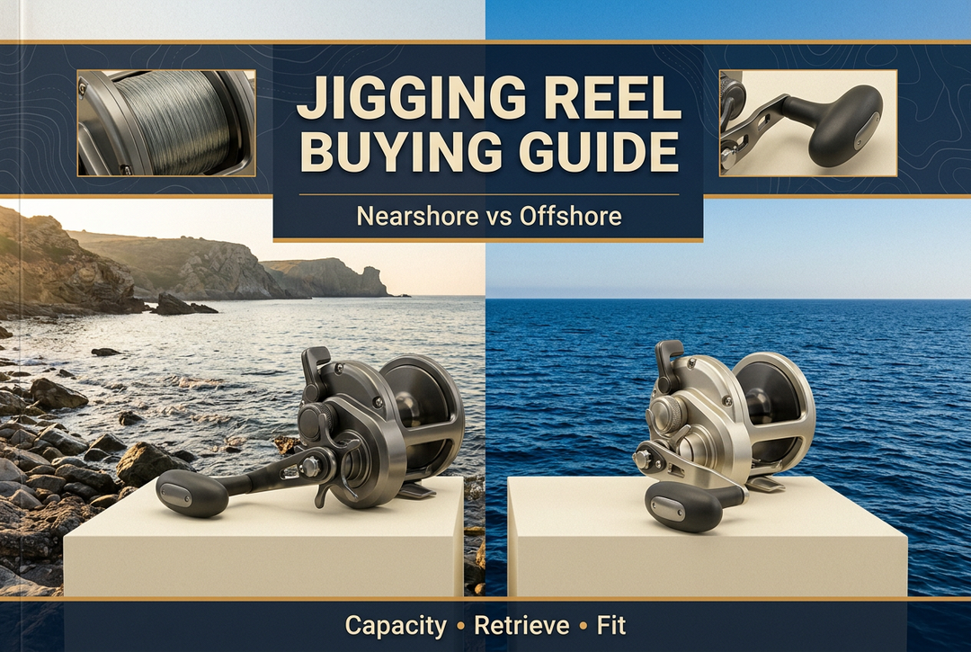 Jigging reel buying guide showing conventional reels against nearshore coastline and offshore ocean scenes.