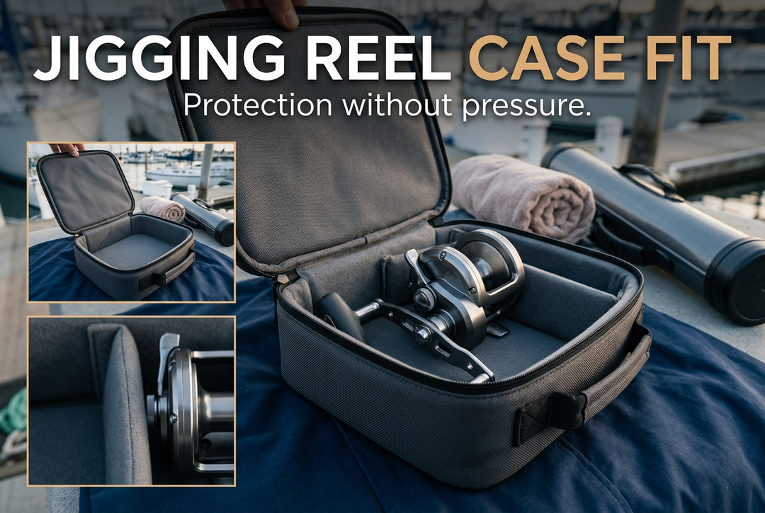 Photographic-style conventional jigging reel in an open padded travel case, with close-up insets and the headline Jigging Reel Case Fit: Protection without pressure.