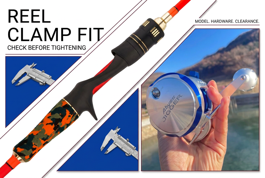 Separate casting reel-seat detail and blue-and-silver Abyss Jigger photograph with calipers on cobalt panels, titled Reel Clamp Fit and Check Before Tightening.