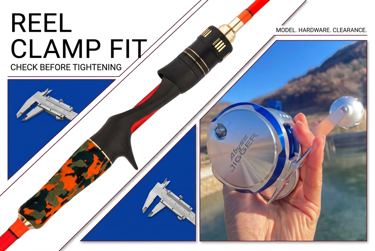Separate casting reel-seat detail and blue-and-silver Abyss Jigger photograph with calipers on cobalt panels, titled Reel Clamp Fit and Check Before Tightening.