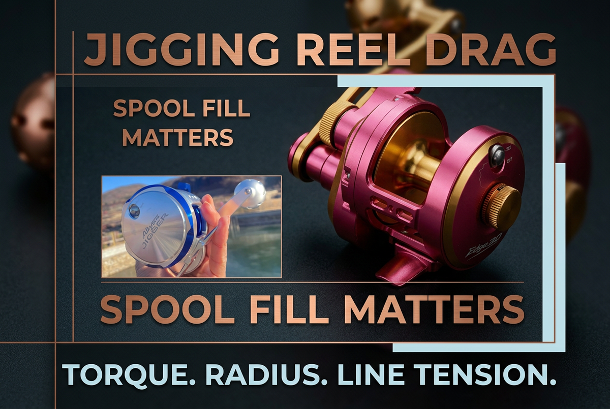 Charcoal and copper photo collage with a pink-and-gold jigging reel spool and separate blue-and-silver reel photograph, titled Jigging Reel Drag and Spool Fill Matters.