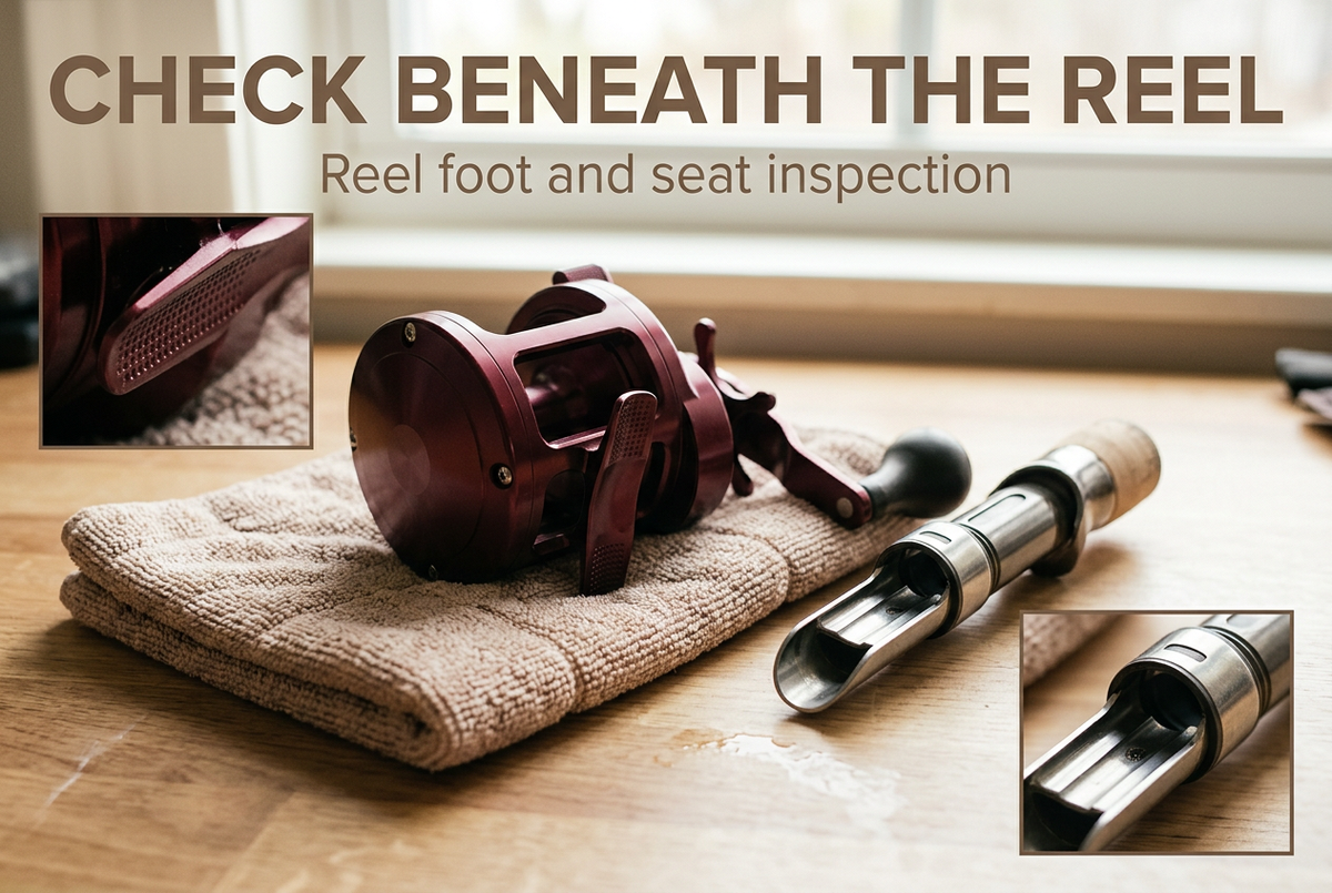 Burgundy conventional reel on a towel beside an empty reel seat, with close-up insets and the headline Check Beneath the Reel.