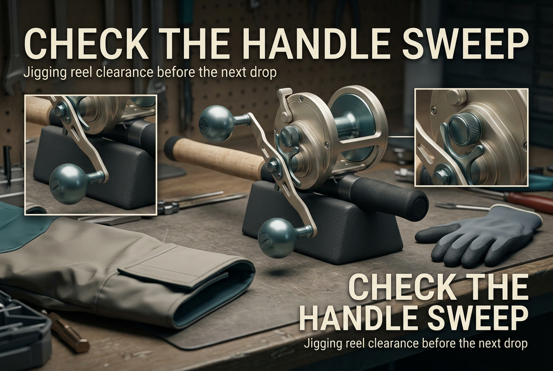 Conventional jigging reel supported on a rod grip beside a folded cuff and glove, with handle and control insets under Check the Handle Sweep.