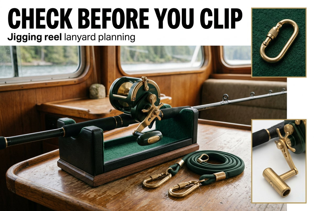 Overhead jigging outfit supported in a boat-cabin stand beside an unattached equipment lanyard, with the headline Check Before You Clip.