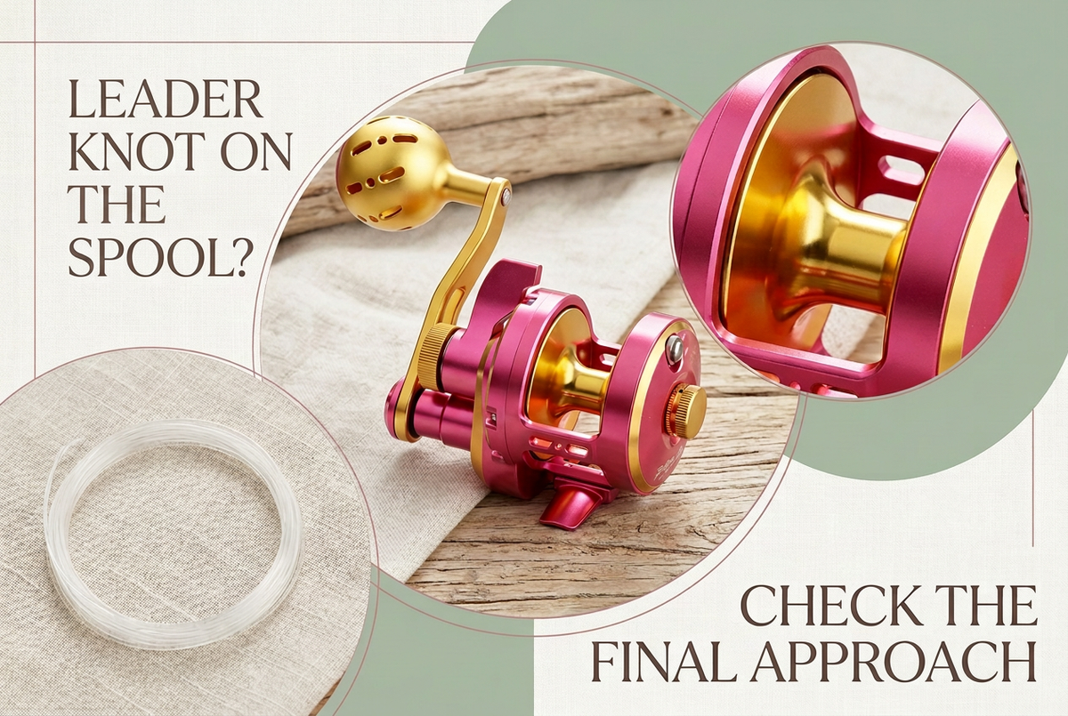 Sage-green photographic layout with a pink-and-gold jigging reel, circular spool close-up and separate leader coil, headed Leader Knot on the Spool? Check the Final Approach.