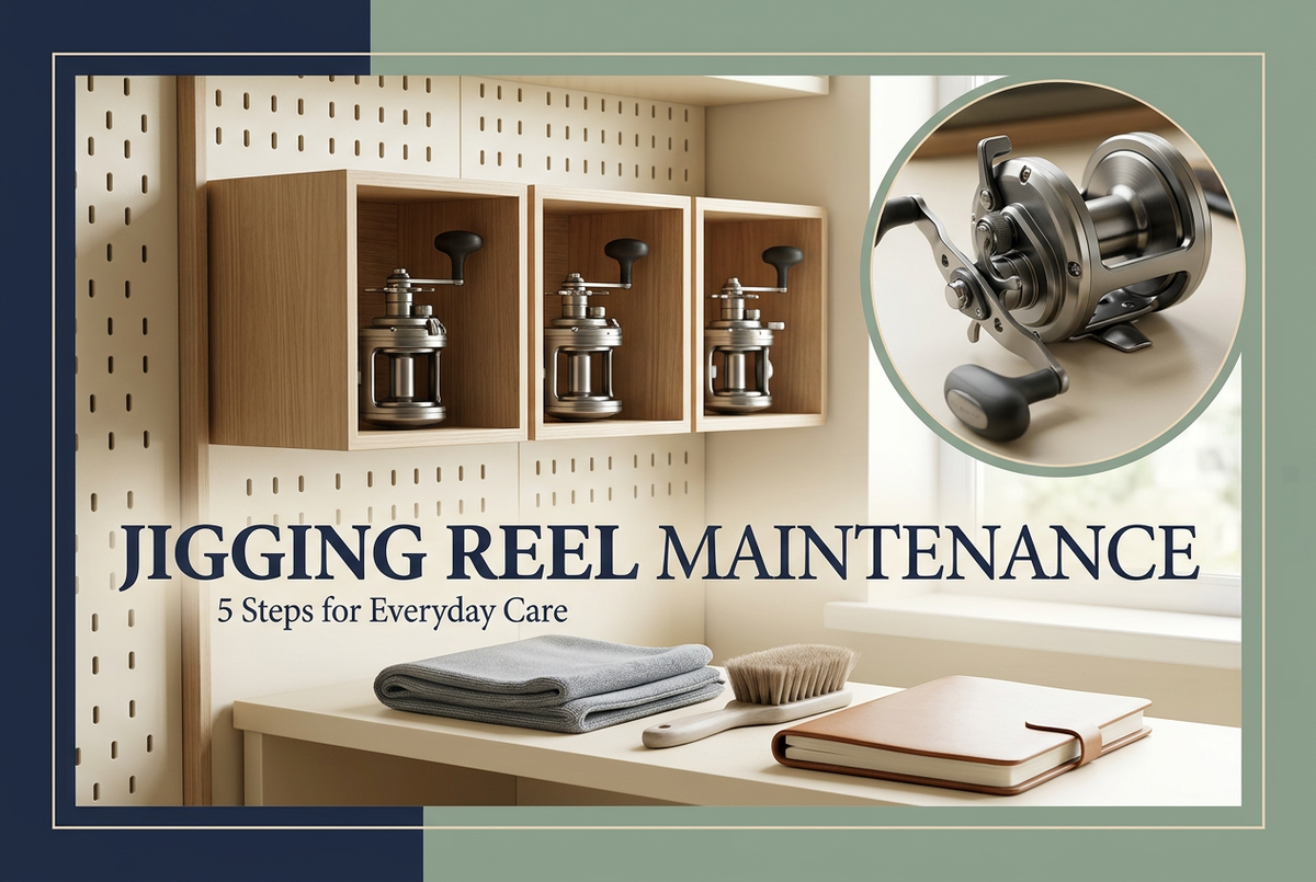 Jigging reel maintenance guide with reels on an indoor storage shelf, a soft brush, microfiber cloth and service notebook.
