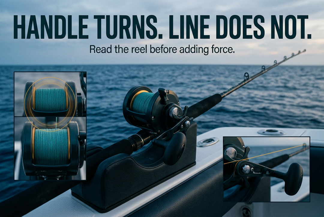 Photographic-style conventional jigging reel supported on a boat console with spool and handle detail insets, titled Handle Turns. Line Does Not.