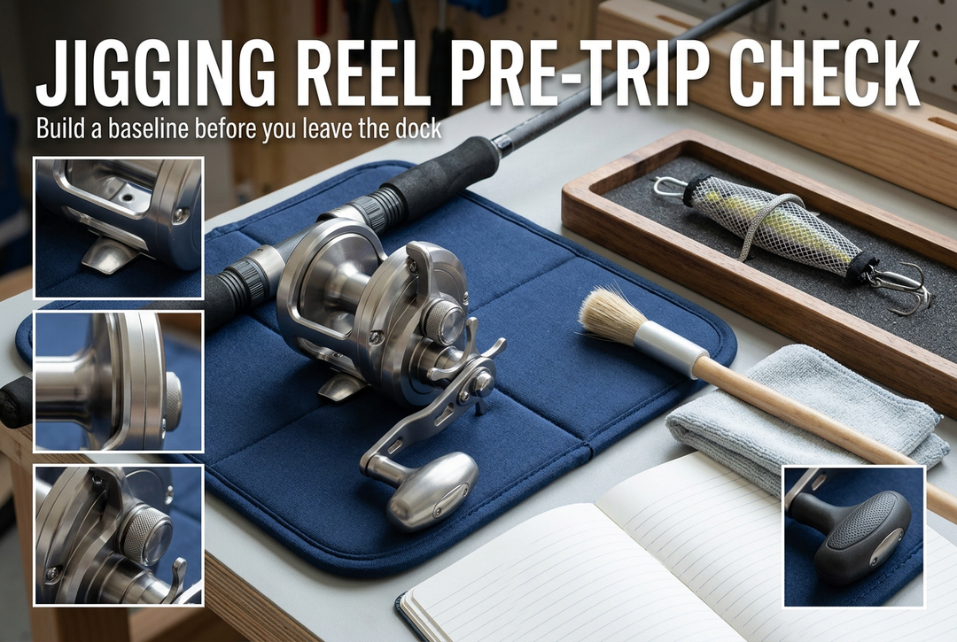 Photographic-style workshop layout with a conventional jigging reel, casting rod handle and inspection insets, titled Jigging Reel Pre-Trip Check.