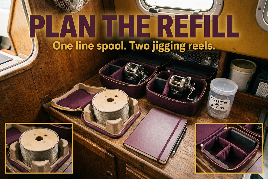 Two overhead jigging reels in padded cases beside a bulk line spool, notebook and closed offcut container under Plan the Refill.