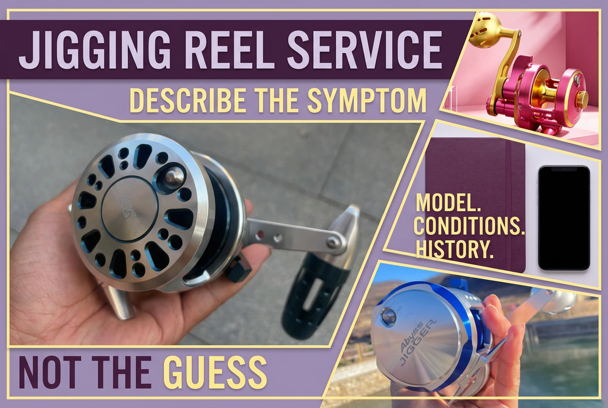 Separate Abyss Jigger Gen 2, Gen 1 and Edge Jigger 30 photographs in a purple and yellow layout labelled Jigging Reel Service and Describe the Symptom, Not the Guess.