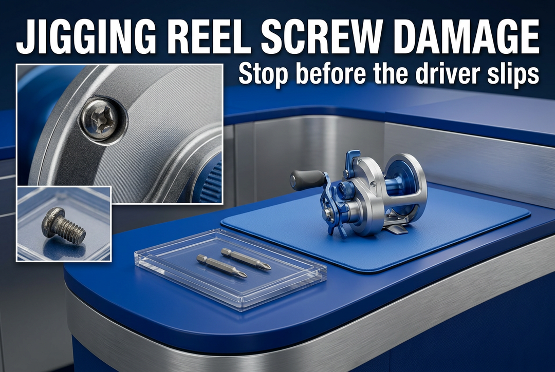 Photographic-style conventional jigging reel on a blue inspection mat with separate driver bits and screw-detail insets, titled Jigging Reel Screw Damage.