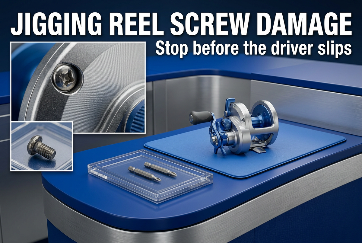 Photographic-style conventional jigging reel on a blue inspection mat with separate driver bits and screw-detail insets, titled Jigging Reel Screw Damage.