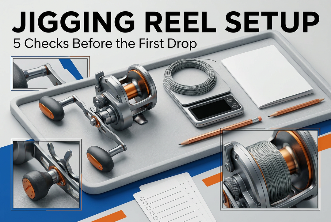 Jigging reel setup guide with an intact conventional reel, coiled line and blank checklist on a padded preparation tray.
