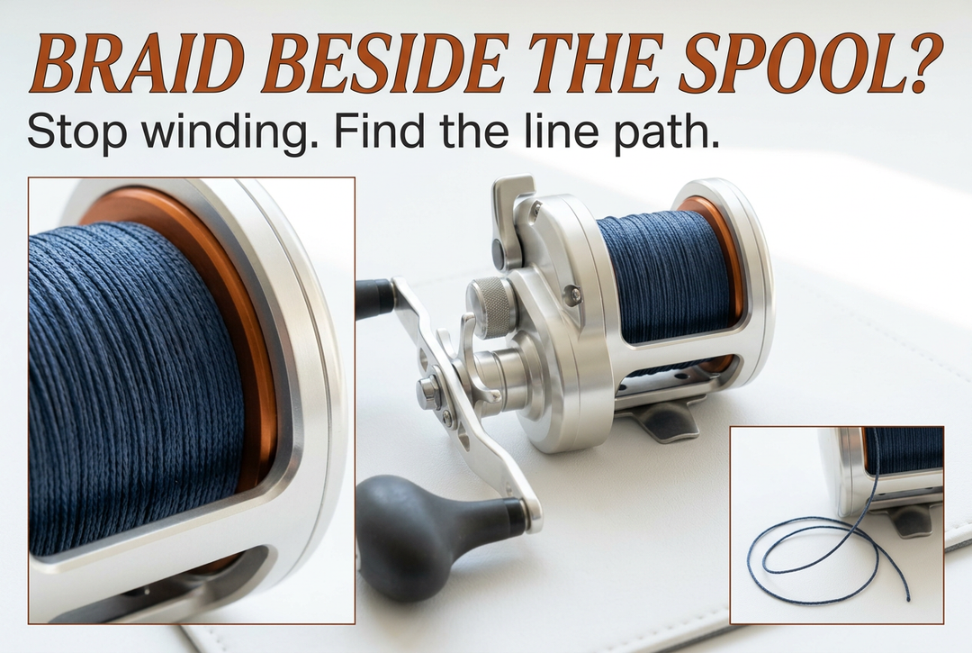 Photographic-style conventional jigging reel with navy braid, a spool-edge close-up and a loose line inset, titled Braid Beside the Spool?