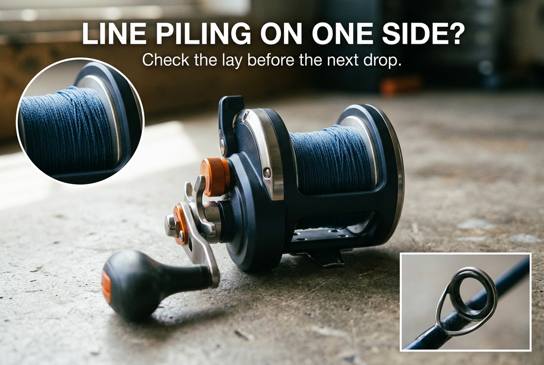 Conventional jigging reel carrying blue braid with close-up line-pack and guide insets, under the headline Line Piling on One Side?