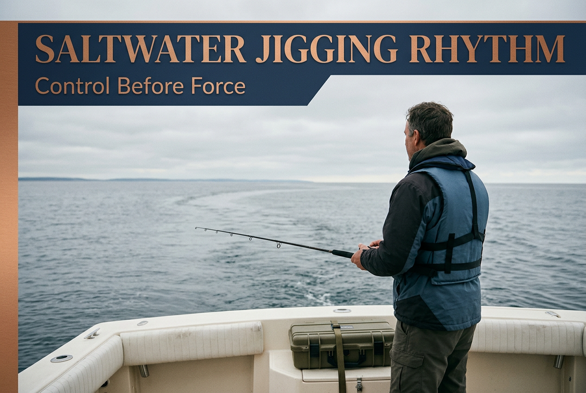 Saltwater Jigging Rhythm cover showing an angler wearing a flotation vest and holding a rod low over open water beside a secured tackle case.