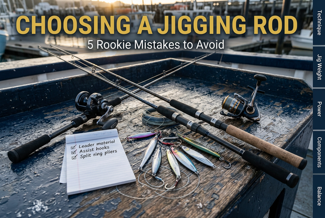 Jigging rods, spinning and conventional reels, metal jigs and a tackle checklist on a boat bench beside a harbor.
