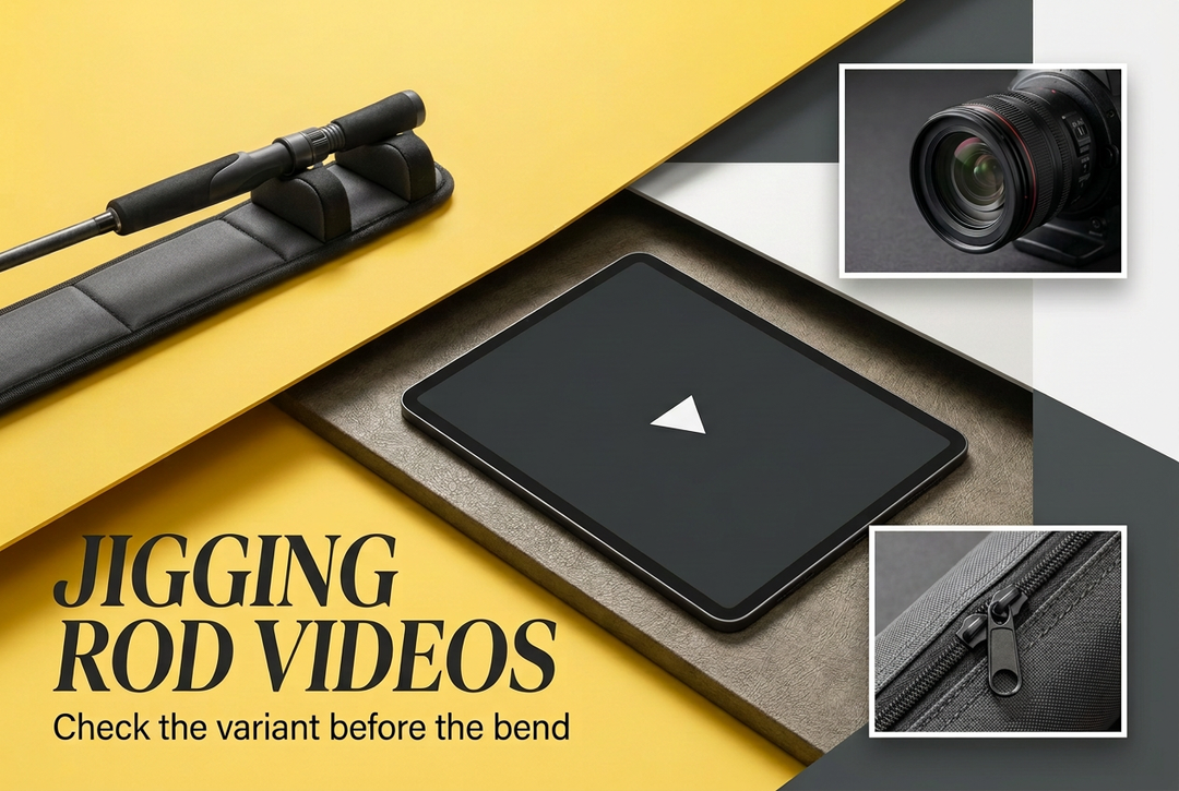Tablet with play symbol, unloaded rod on a padded rack and camera-lens inset, headed Jigging Rod Videos: Check the variant before the bend.