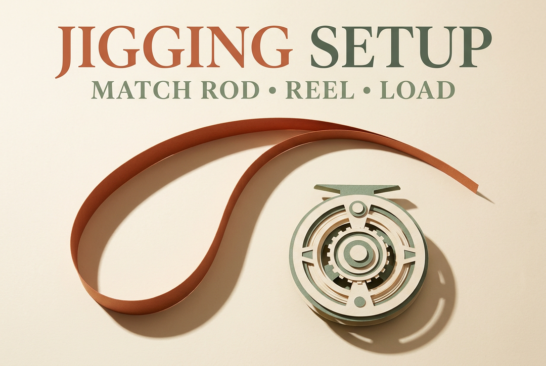Terracotta curved paper sculpture and sage reel-inspired form illustrating separate jigging setup components