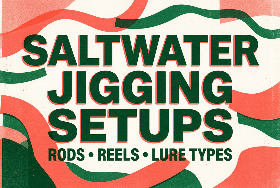 Coral and forest-green wave-pattern cover reading Saltwater Jigging Setups: Rods, Reels, Lure Types.