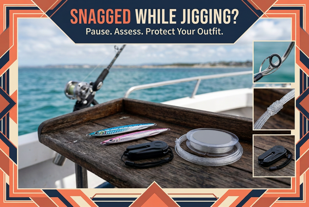 Snagged while jigging guide showing hook-free metal jigs, a closed cutting tool and leader spool on a boat workbench.