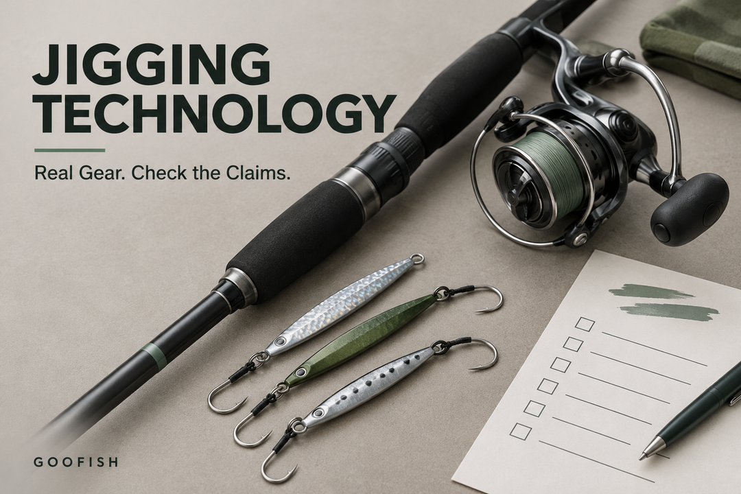 Jigging Technology cover with a generic rod, spinning reel, metal jigs and an inspection checklist on a workbench