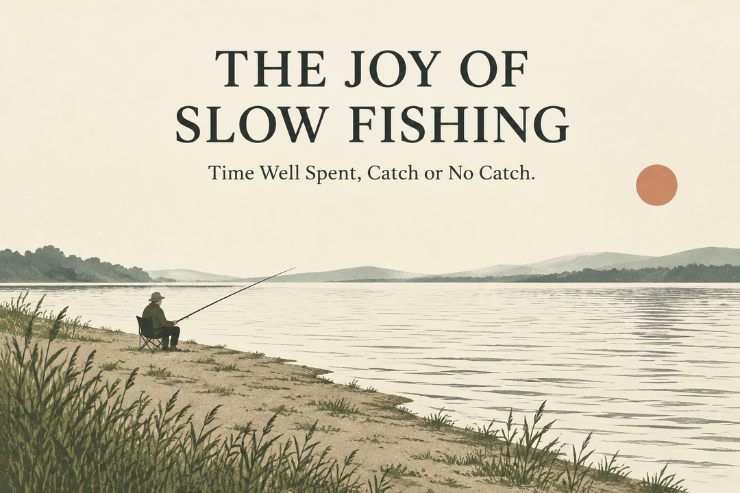 The Joy of Slow Fishing cover with a seated angler beside a quiet lake, reeds and a muted sun in a minimalist print-style illustration.