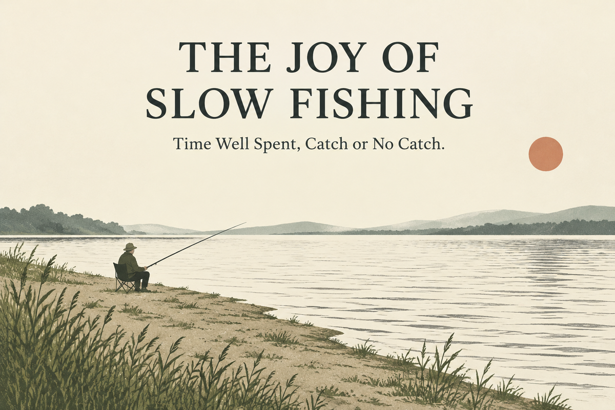 The Joy of Slow Fishing cover with a seated angler beside a quiet lake, reeds and a muted sun in a minimalist print-style illustration.