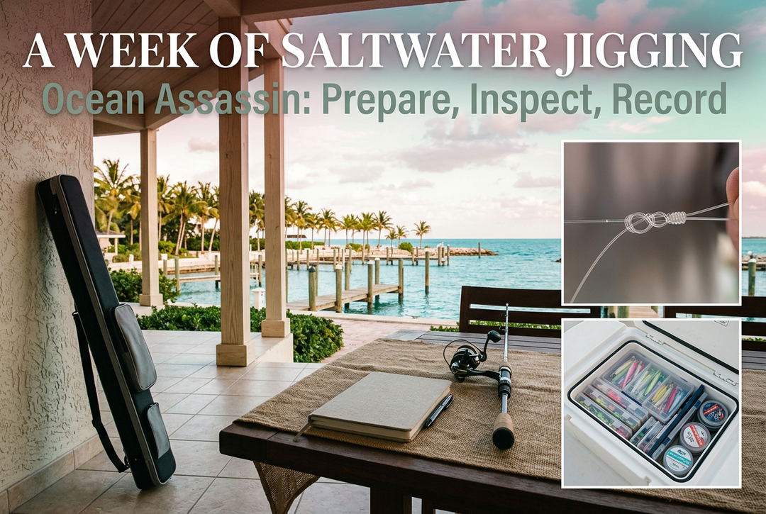 Tropical waterside veranda with generic rod, reel, notebook, protective case and tackle insets beneath A Week of Saltwater Jigging: Ocean Assassin Prepare Inspect Record.