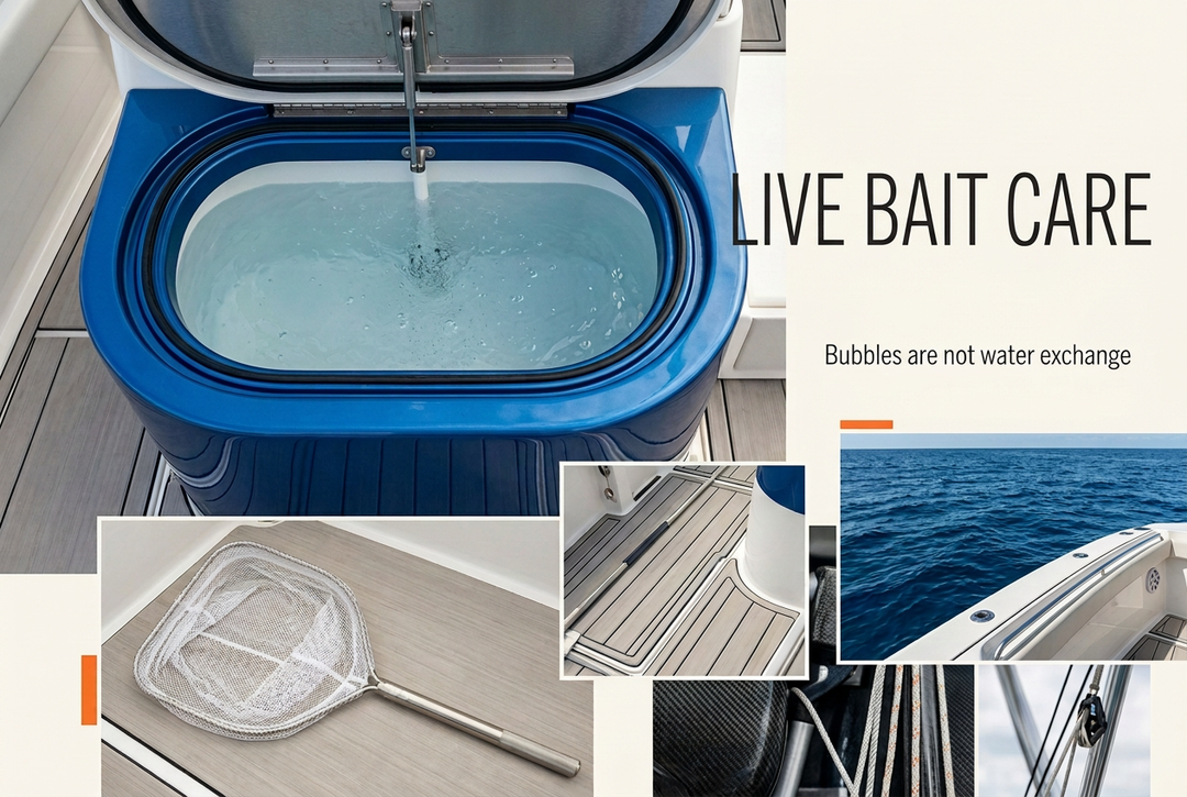Blue baitwell containing water with bubbles, separate bait-net and boat-deck insets, headed Live Bait Care: Bubbles are not water exchange.