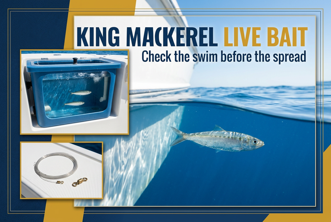 Silver baitfish underwater beside a boat with livewell and leader insets, headed King Mackerel Live Bait: Check the swim before the spread.