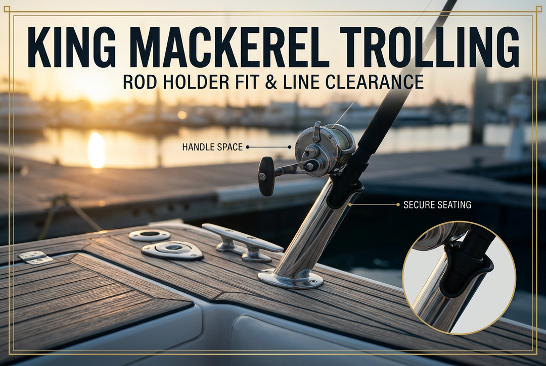 Photographic-style cover showing a conventional trolling outfit in a stainless boat rod holder at sunrise, with English king mackerel trolling text.