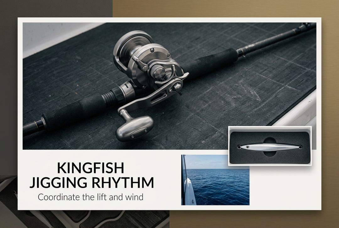 Compact overhead reel mounted on a short rod with a hookless silver jig and open-water insets, headed Kingfish Jigging Rhythm: Coordinate the lift and wind.