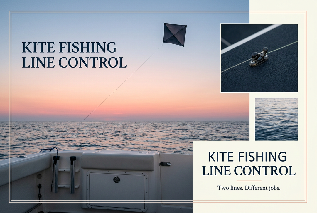 Dark square kite over a pink offshore dawn with boat stern, release-clip and water insets, headed Kite Fishing Line Control.