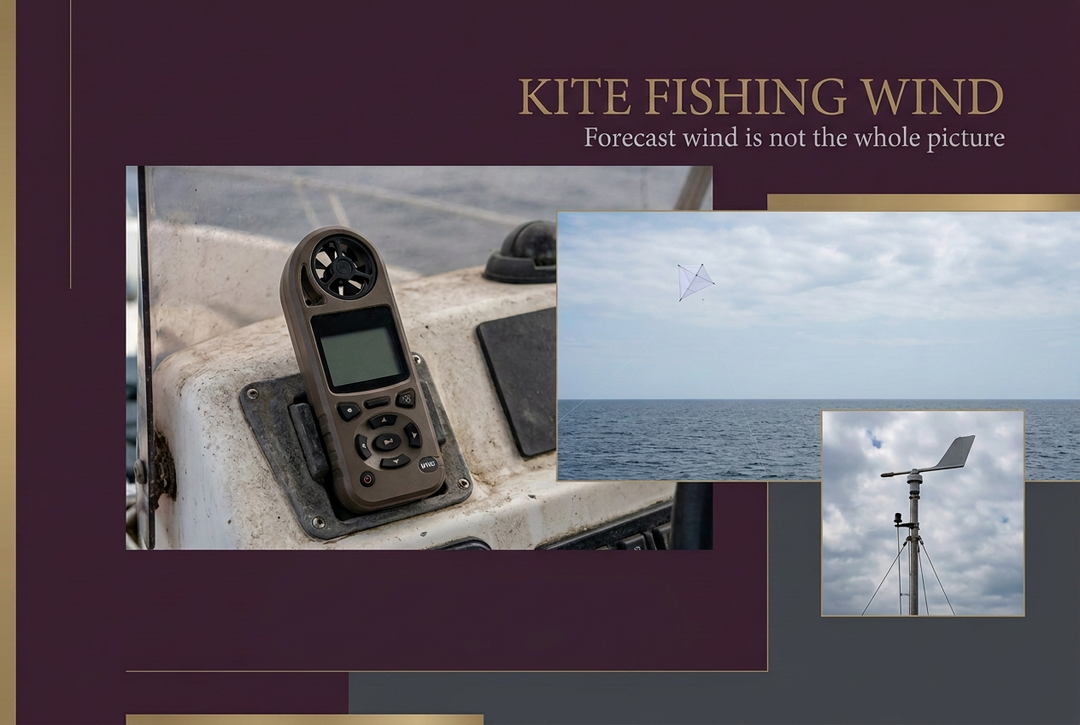 Wind meter with blank display, distant kite over sea and wind-vane inset, headed Kite Fishing Wind: Forecast wind is not the whole picture.