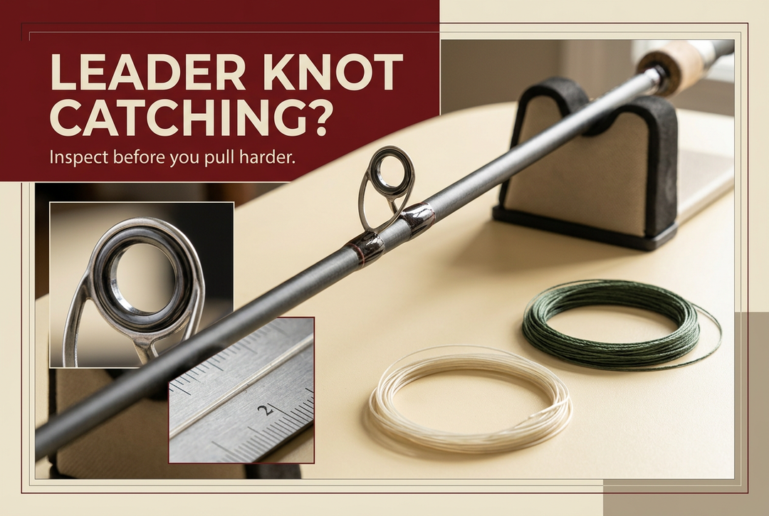 Supported fishing rod guide beside separate braid and leader coils under Leader Knot Catching? Inspect before you pull harder.