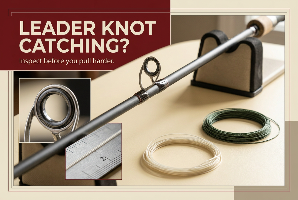 Supported fishing rod guide beside separate braid and leader coils under Leader Knot Catching? Inspect before you pull harder.