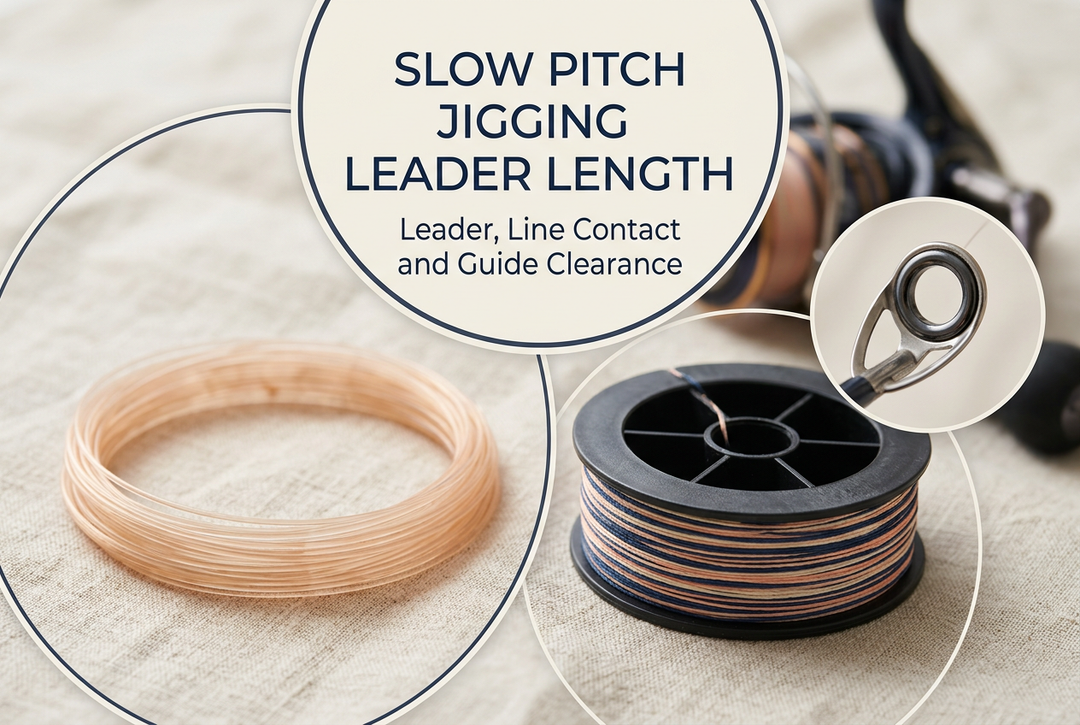 Slow pitch jigging leader length guide showing a translucent leader coil, braided line spool and close-up of a rod guide on light linen.