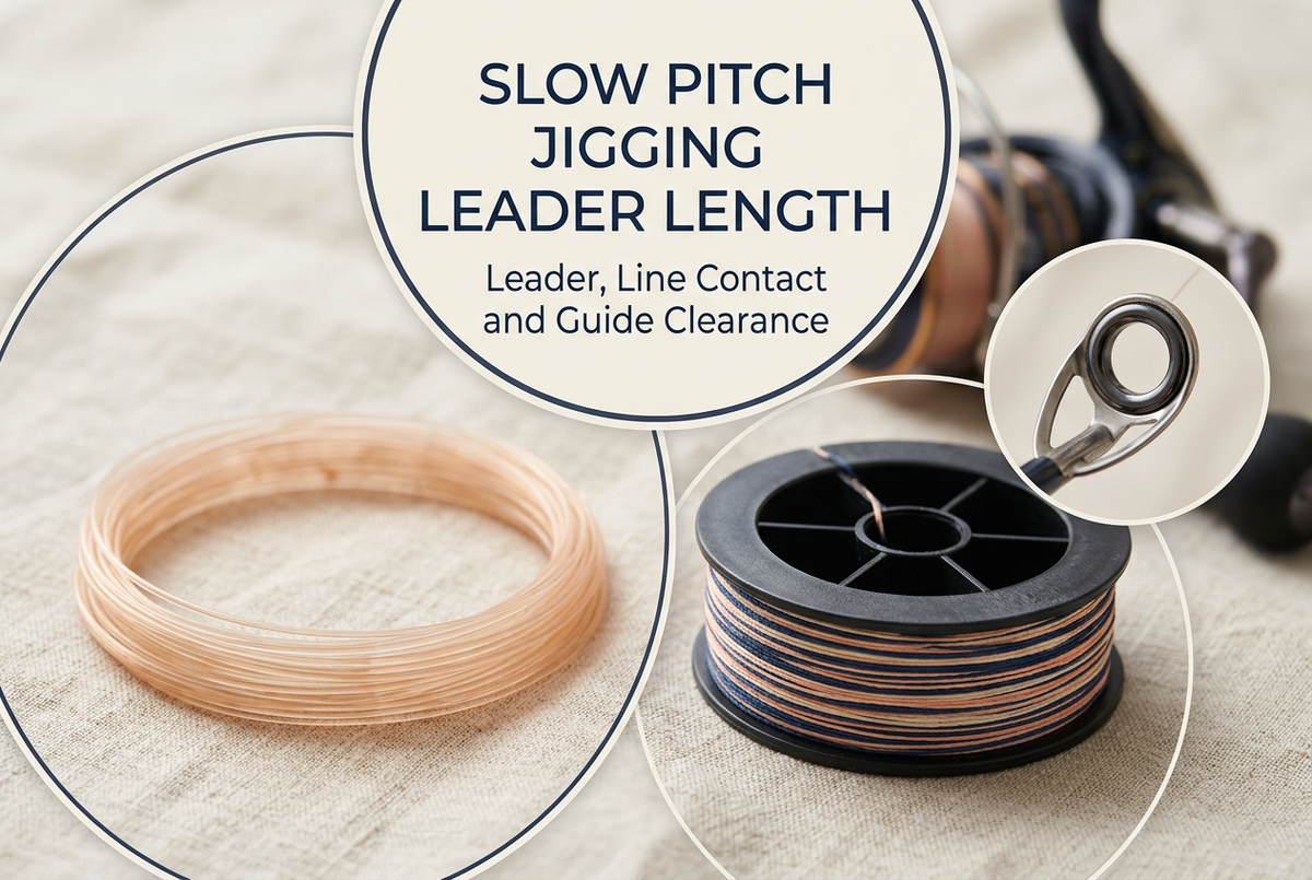 Slow pitch jigging leader length guide showing a translucent leader coil, braided line spool and close-up of a rod guide on light linen.