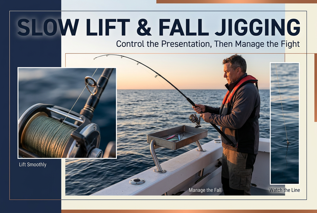 Angler in a life jacket working a jigging outfit from a boat, with reel and line close-ups under the heading Slow Lift and Fall Jigging.
