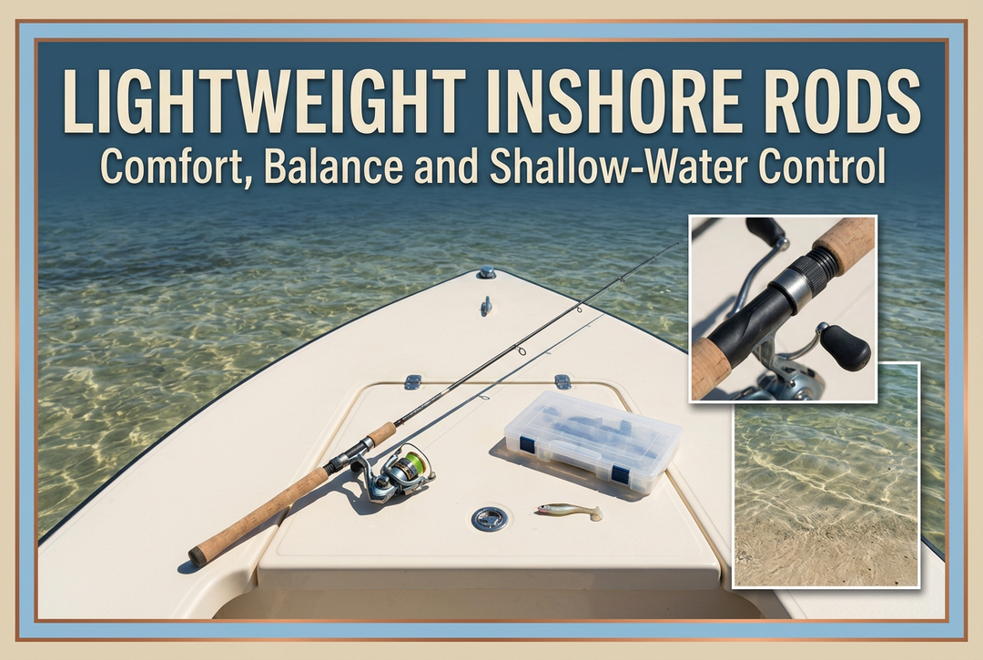 Lightweight inshore rod guide showing a spinning outfit and tackle box secured on a boat bow above clear shallow sandy water.